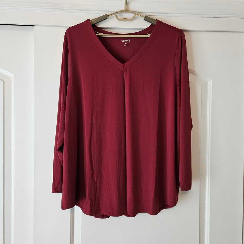 Edwards V-Neck Womens 3XL Long Sleeve Top  Burgundy‎ Office Flowy Minimalist